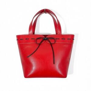 Vintage EGO Red Leather Tote Bag Y2K Bow Detail Top Handle Structured Purse Med